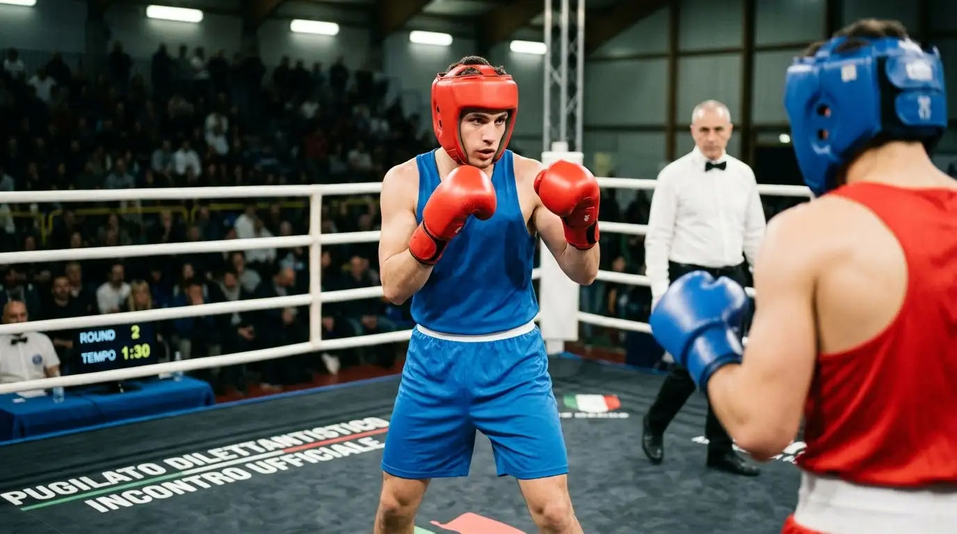 Pugile dilettante con casco protettivo e canotta durante un incontro di boxe olimpica
