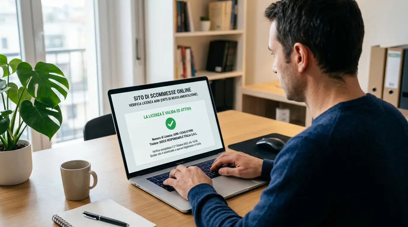 Persona che verifica la licenza di un operatore di scommesse sullo schermo di un computer portatile