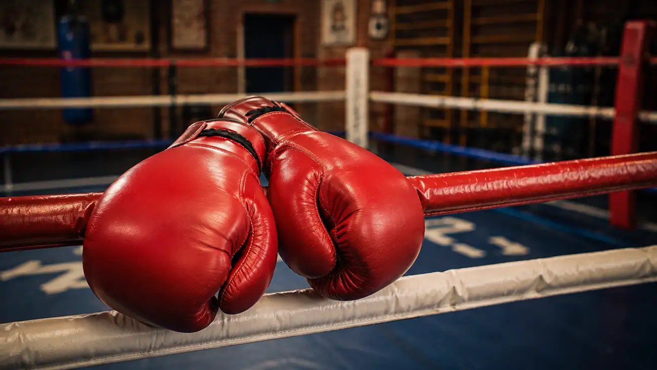 Guantoni da boxe rossi appoggiati sulle corde di un ring di pugilato professionistico